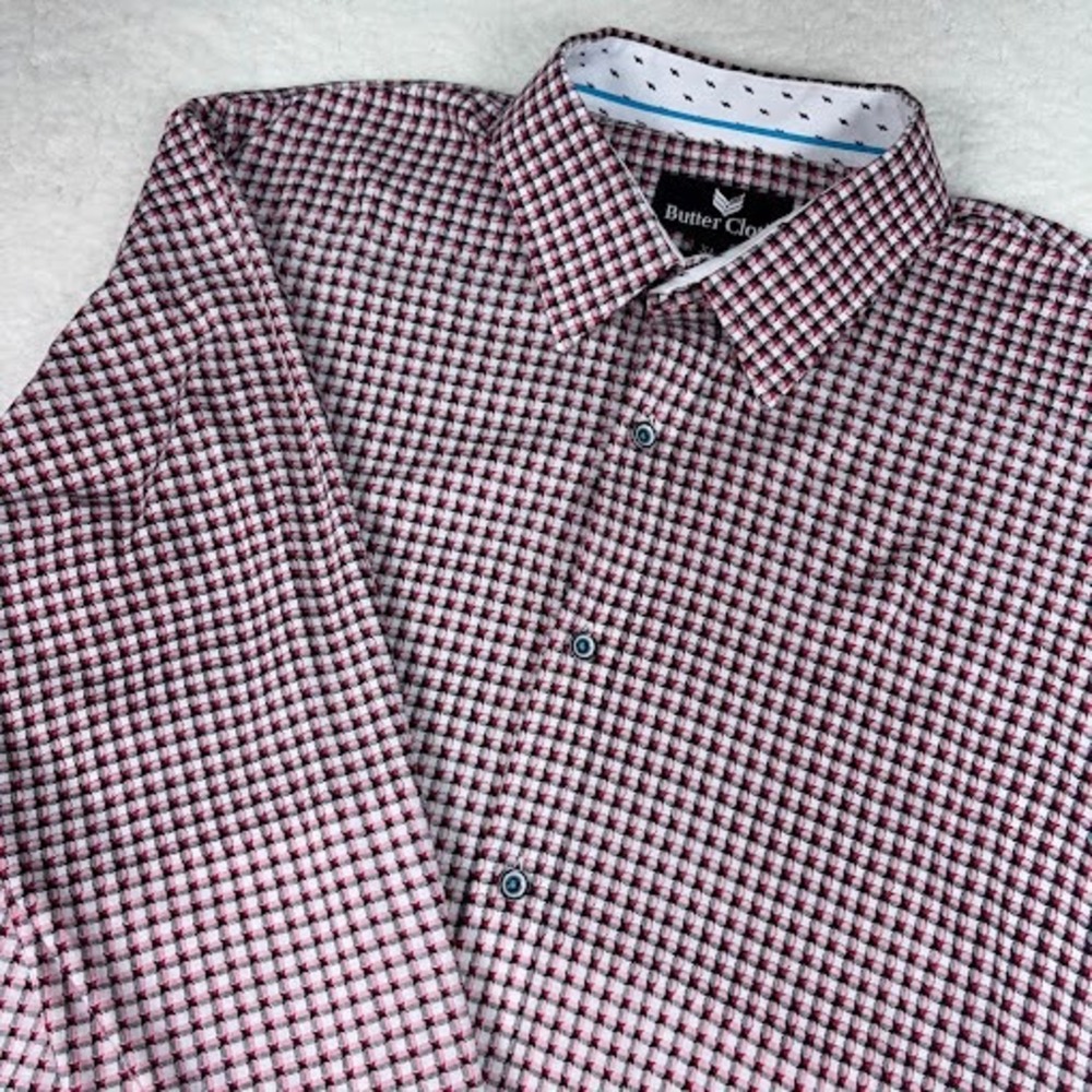 Butter Cloth Button up shirt Mens XL‎ Red geometric pattern Long Sleeve Soft